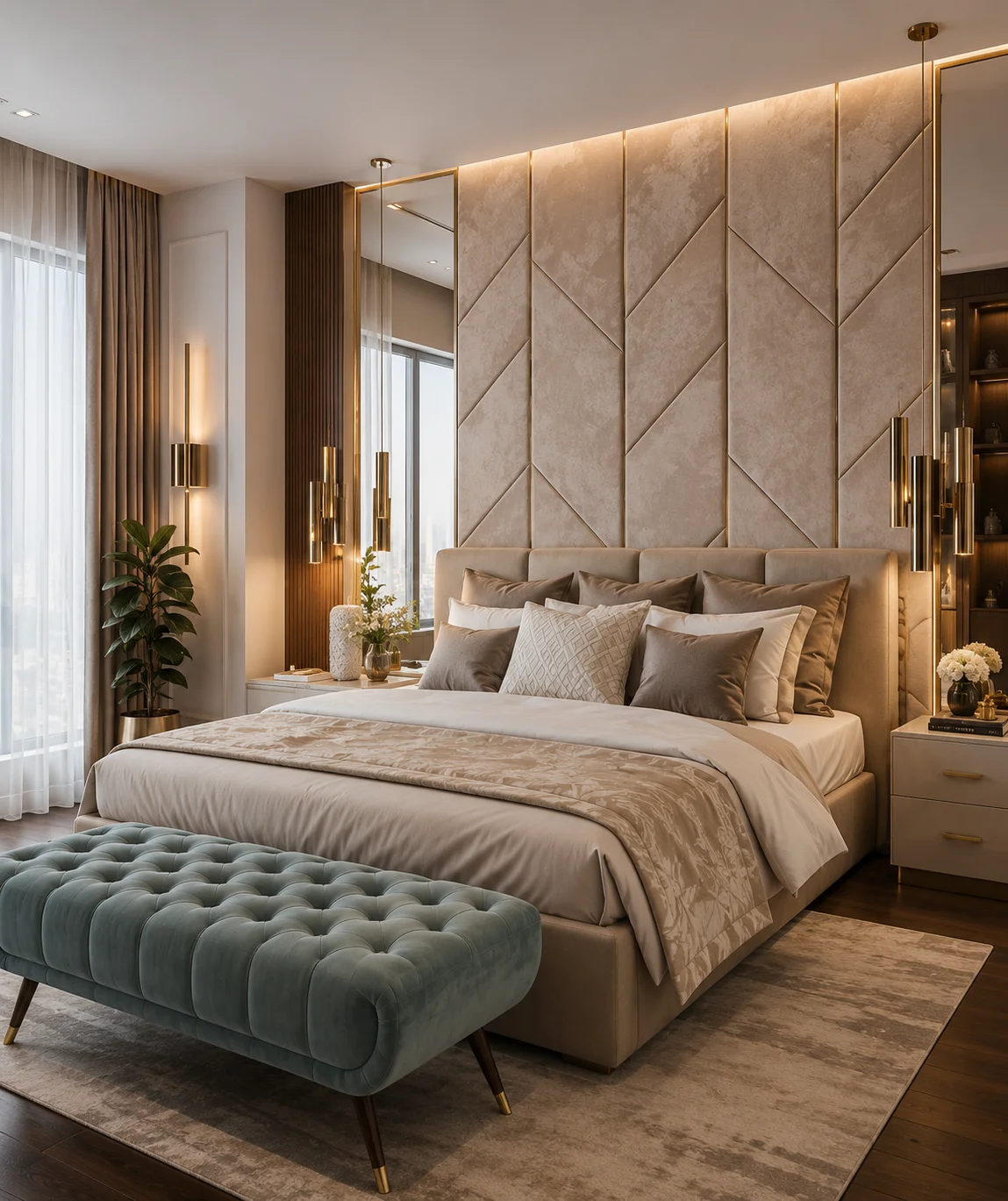 Luxury bedroom with tufted headboard and warm lighting