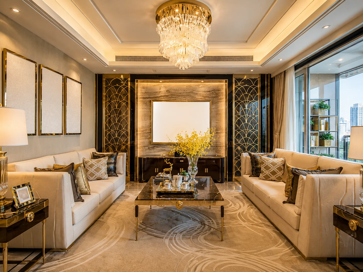 Luxury living room with marble and layered gold lighting