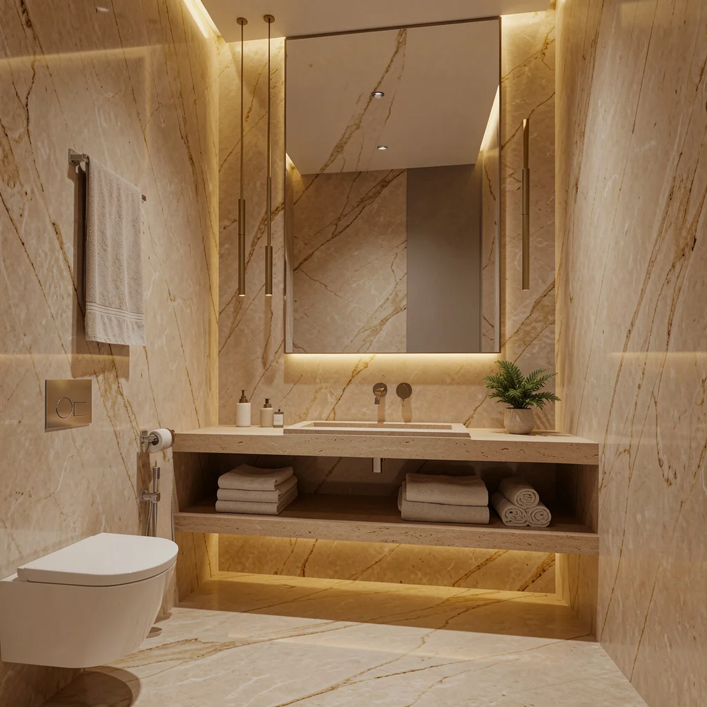 Luxury washroom with stone and warm ambience