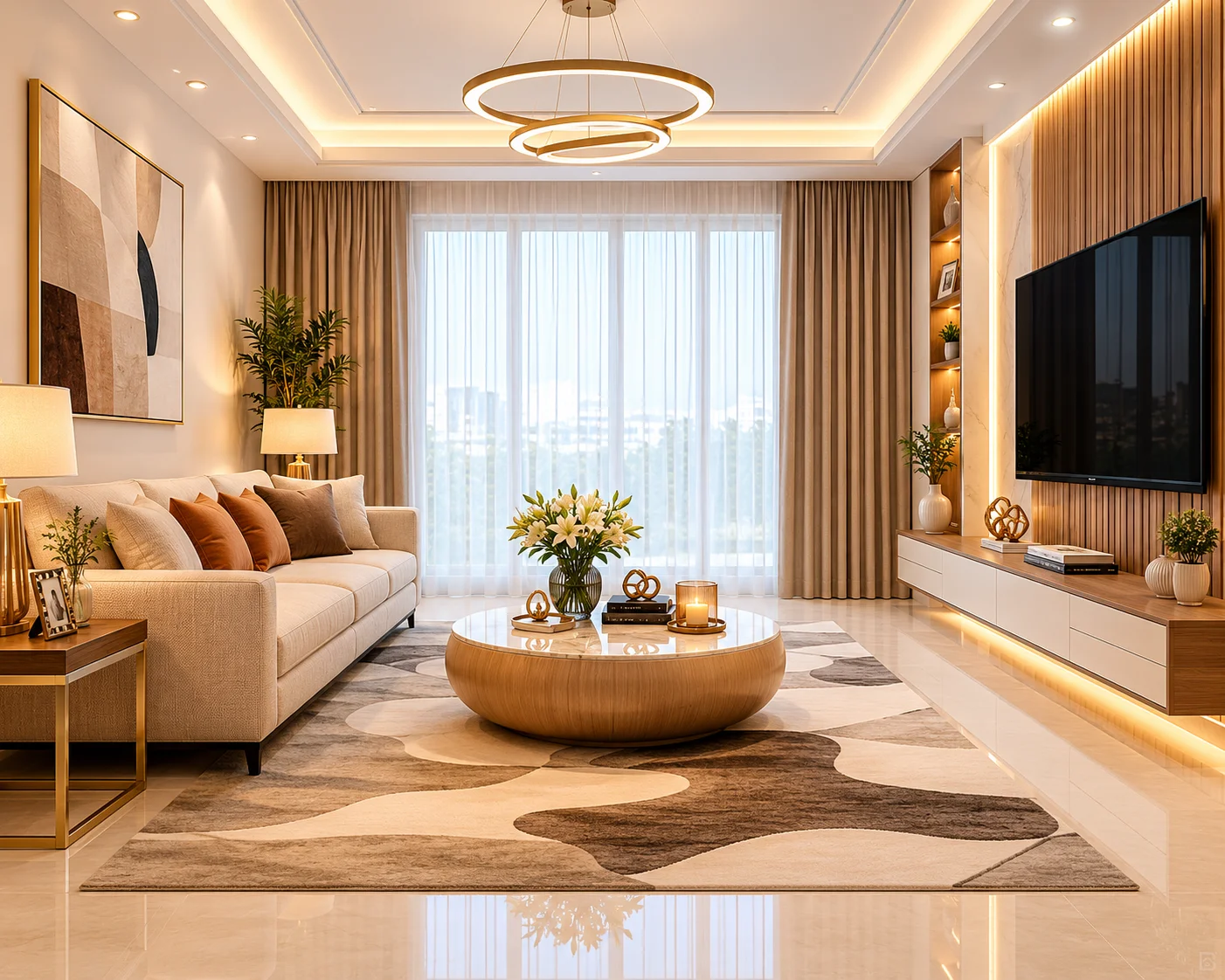 Modern living room with sleek lines and warm lighting