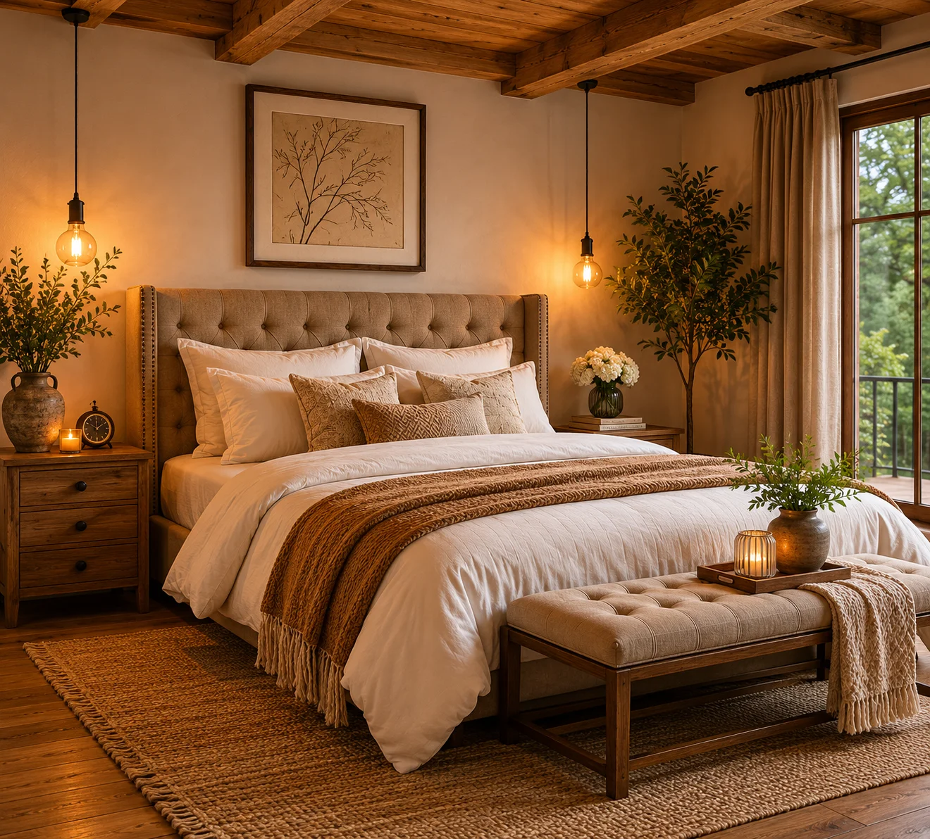 Rustic bedroom with warm wood tones