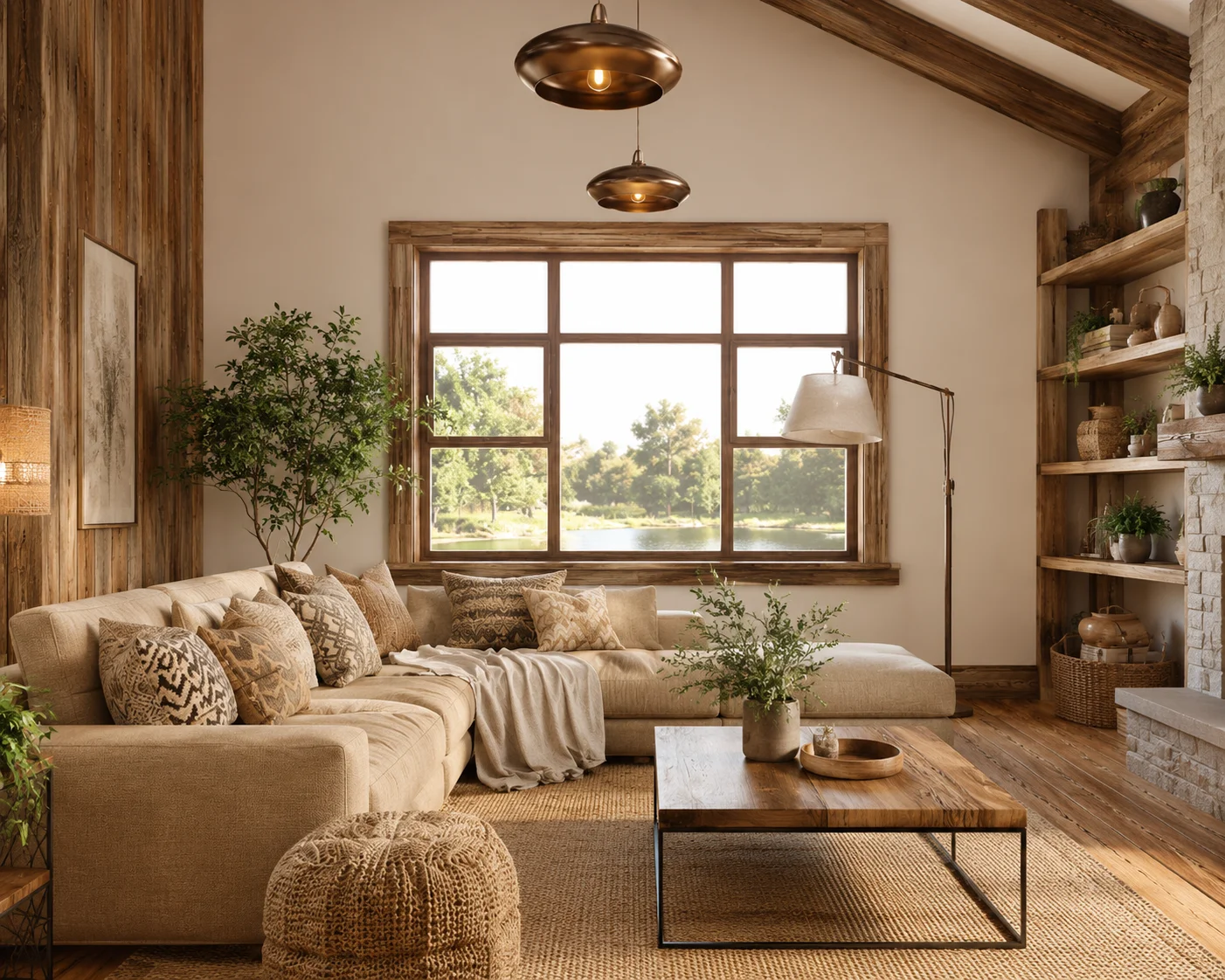 Rustic living room with reclaimed wood and warm earthy tones