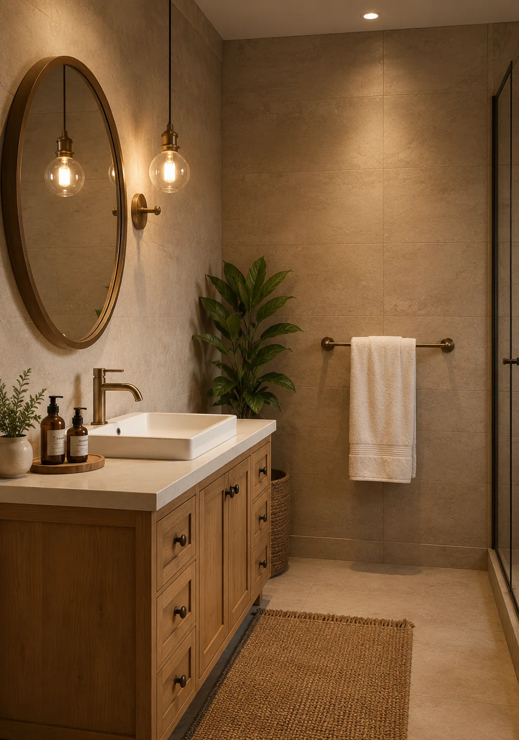 Rustic washroom with stone and wood elements