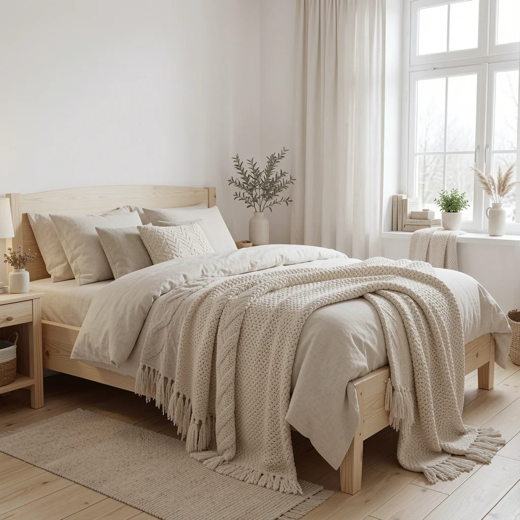 Scandinavian bedroom with linen bedding and timber frame