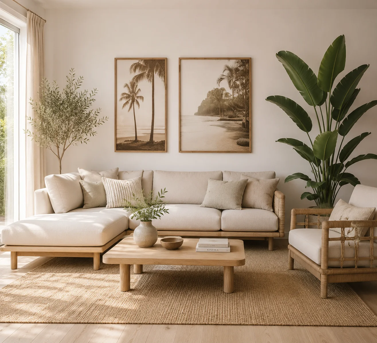 Scandinavian living room with natural wood and bright daylight