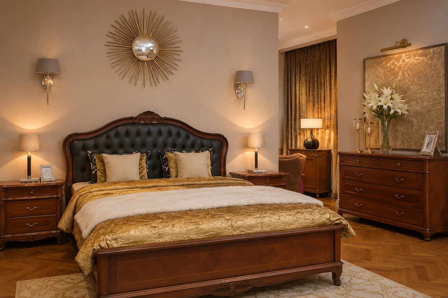 Traditional Indian bedroom with carved headboard