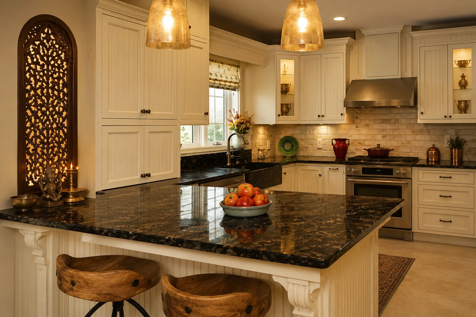 Traditional Indian kitchen with wooden cabinetry