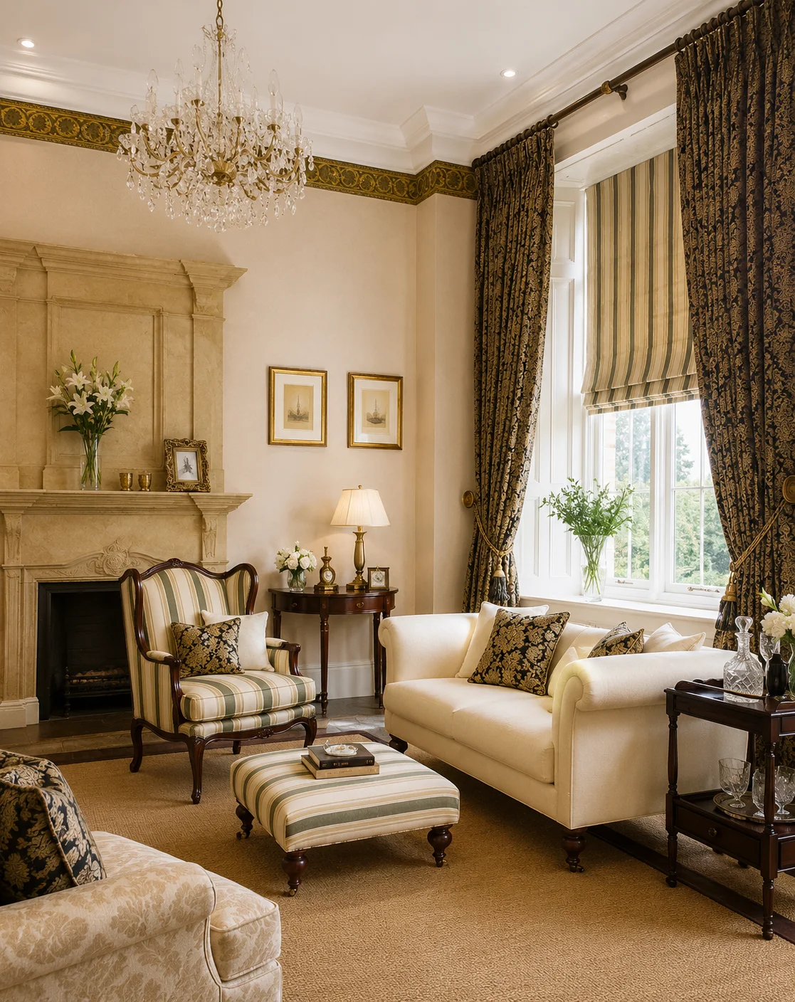 Traditional Indian living room with rich warm tones and ornate furniture