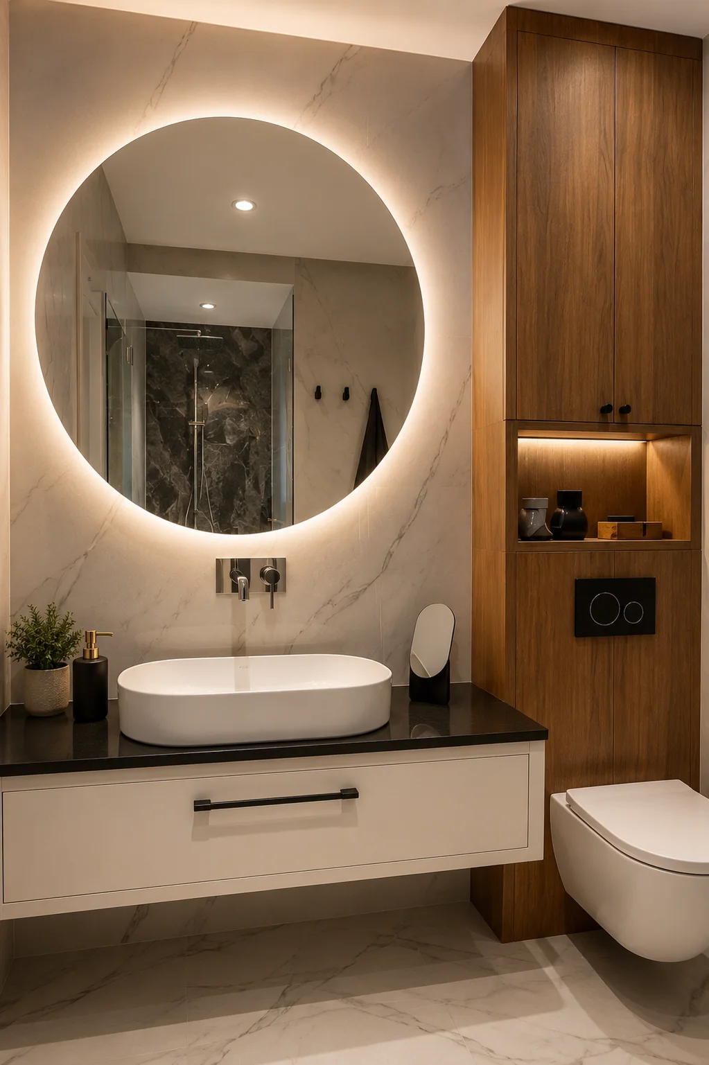Traditional Indian Washroom with wooden cabinetry